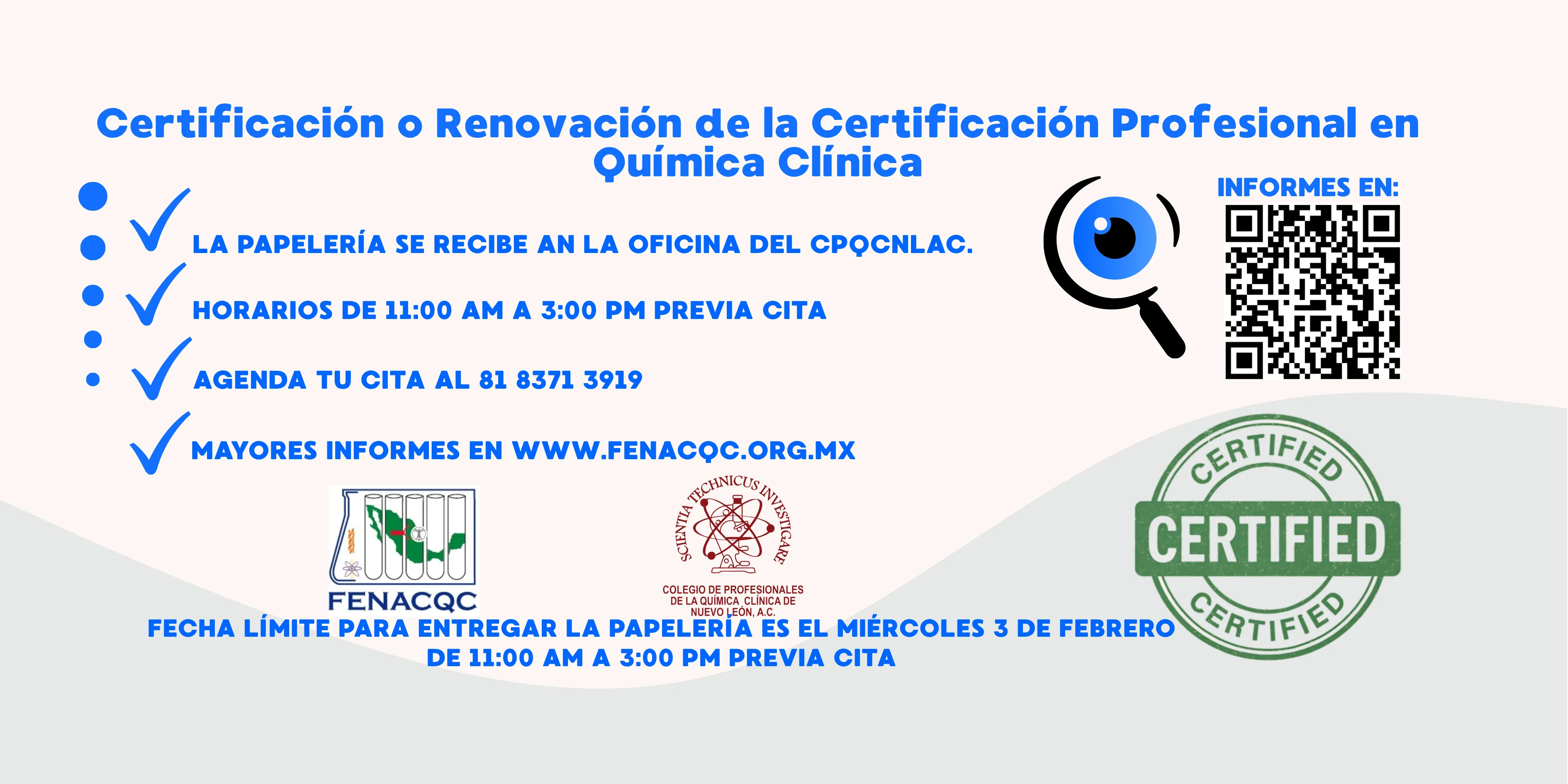 Certificación o Renovación de la Certificación Profesional en Química Clínica